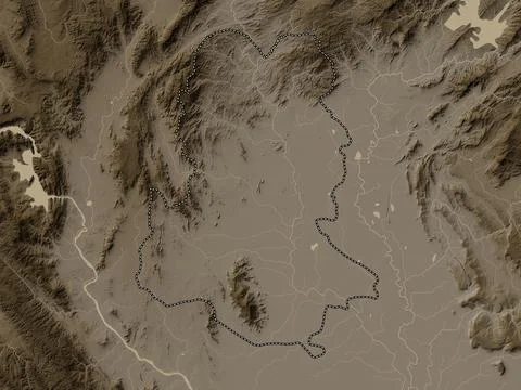 Sukhothai, Thailand. Elevation map colored in sepia tones with lakes and rive Illustrazione stock
