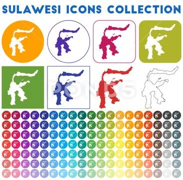 Sulawesi icons collection. Bright colourful trendy map icons. Modern ...