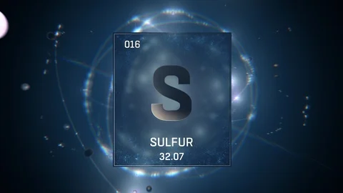 Sulfur as Element 16 of the Periodic Table 3D animation on blue background Stock Footage 119323765