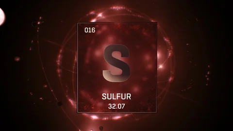 Sulfur as Element 16 of the Periodic Table 3D animation on red background Video stock 119325076