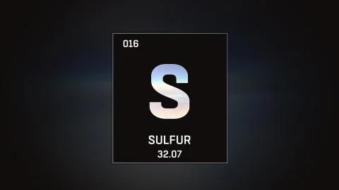 Sulfur as Element 16 of the Periodic Table 3D illustration on grey background Stock Illustration