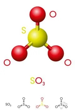 Sulfur trioxide, SO3, molecule model and chemical formula Ilustração Stock