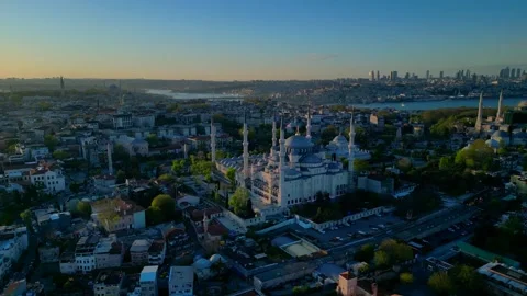 Sultan Ahmed Mosque and Hagia Sophia at evening. Nice aerial view drone Stock Footage 344584053