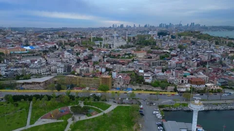 Sultan Ahmed Mosque dominating Istanbul cityscape, Bosphorus. aerial view drone Stock-Footage 344629693