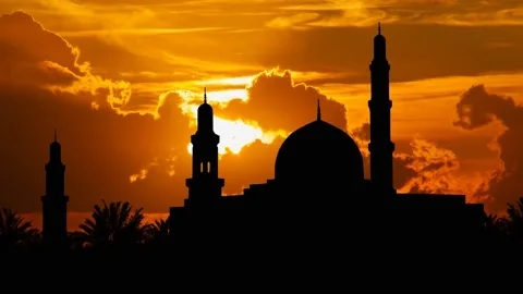 Sultan Qaboos Grand Mosque at Sunset, Time Lapse with Red Sun And Fiery Sky Stock Footage 156675556