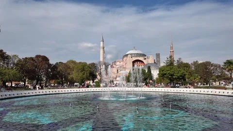 Sultanahmet square, view of the ornamental pool on the Hagia Sophia park. Stock Footage 284263100