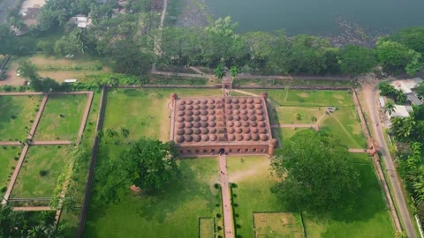 Sultanate structure 60 dome mosque in Bagerhat by Khan Jahan Ali Aerial view Stock Footage 247651163