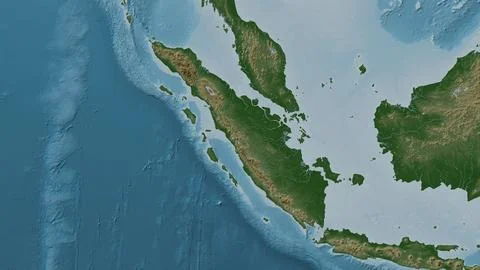 Sumatra Island in the Java Sea on a colored elevation map Stock Illustration