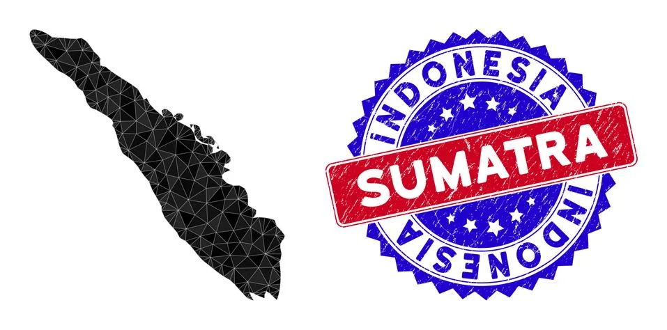 Sumatra Island Map Triangle Mesh and Distress Bicolor Watermark Illustrazione stock