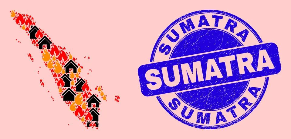 Sumatra Map Collage of Fire and Houses and Distress Sumatra Stamp Ilustração Stock