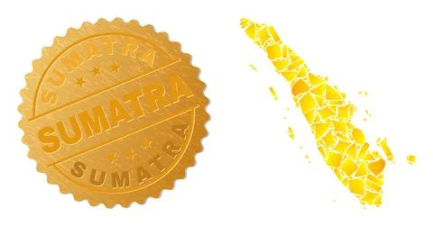Sumatra Map Collage of Golden Elements and Textured Sumatra Seal Stockillustratie