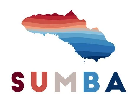 Sumba map. Map of the island with beautiful geometric waves in red blue col.. 스톡 일러스트