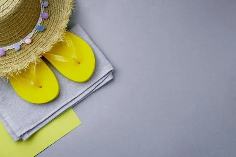 Sumer background, beach accessories on gray background with copy space Stock Photos