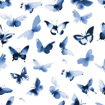 Sumi-e-inspired seamless vector pattern with blue butterflies. Can be used for Stock Illustration