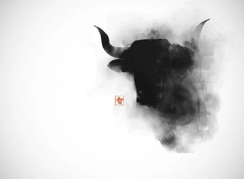 Sumi-e style painting with the head of a bull in mist, depicted with bold and Illustrazione stock
