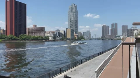Sumida river cruise passes into the river on a beautiful sunny day. On backgr Stock Footage 157568876