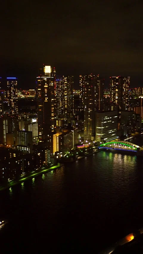 Sumida River, Kachidoki Bridge, Cityscape, Tokyo Tower, and the Night View of Vídeos de archivo 330973247