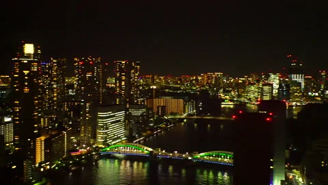Sumida River, Kachidoki Bridge, Skyscrapers, Tokyo Tower, and the Crescent Moon Video stock 330946907