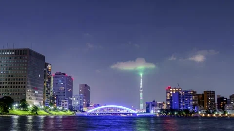Sumida River Night View Timelapse, Tokyo Skytree and River Traffic, Night, Japan Stock Footage 334558703