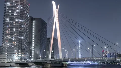 Sumida River Night View Timelapse, Tokyo Skytree and River Traffic, Night, Japan 库存影片 334558740