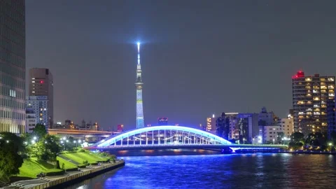 Sumida River Night View Timelapse, Tokyo Skytree and River Traffic, Night, Japan Stock Footage 334558788