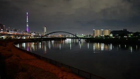 Sumida River Night View, Tokyo Japan December 2025 Stock Footage 323143918