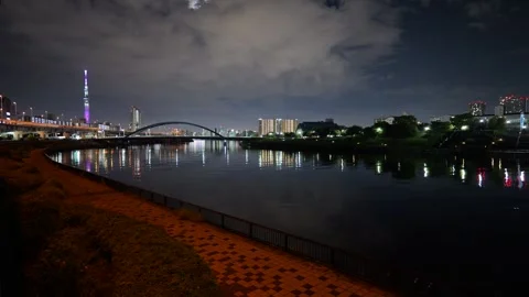 Sumida River Night View, Tokyo Japan December 2025 Stock Footage 323143946