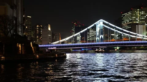 Sumida River Night View, Tokyo Japan December 2025 Stock Footage 323143956