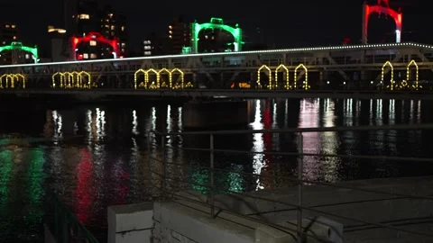 Sumida River Night View, Tokyo Japan December 2025 Stock Footage 323144083