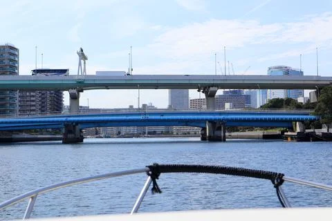 Sumida River view from a boat featuring the Shuto Expressway and Tsukiji Br.. Stock Photos