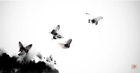 Sumie-inspired design featuring black butterflies on a white background. Elegant Ilustración de archivo