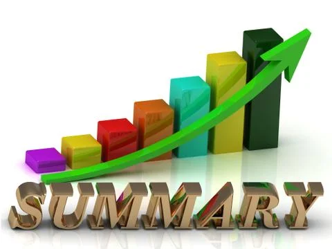 SUMMARY bright of gold letters and Graphic growth and green arrows on white b Stock Illustration