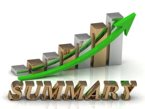 SUMMARY- inscription of gold letters and Graphic growth and gold arrows on wh Stock Illustration