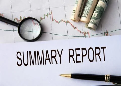 SUMMARY REPORT - words on a white sheet against the background of a chart, .. Stock Photos