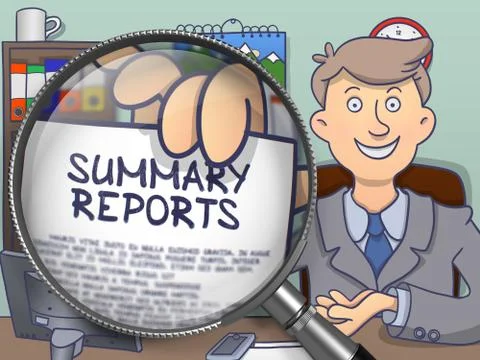 Summary Reports through Magnifier. Doodle Concept Stock Illustration