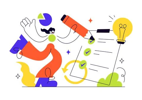 Summary Vector Illustration Featuring Business Report Analysis, Project Ove.. Ilustração Stock