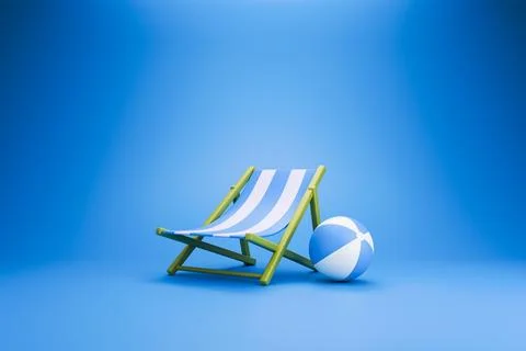 Summer 3D beach scene with lounge chair and ball on blue studio background Stock Illustration