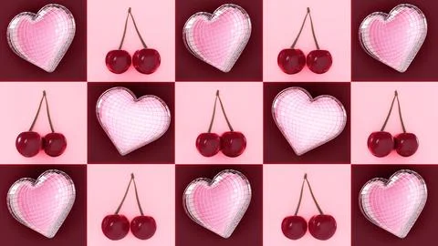 Summer 3D horizontal cherry heart disco ball red pink girly checkers textured Stock Illustration