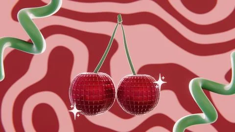 Summer 3D horizontal image render cherry disco ball groovy stripes waves text 스톡 일러스트