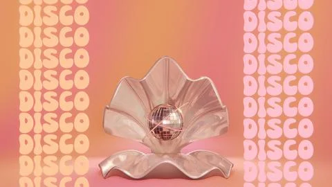 Summer 3D horizontal image render shell pearl gem disco ball 1970s infographic Stock Illustration