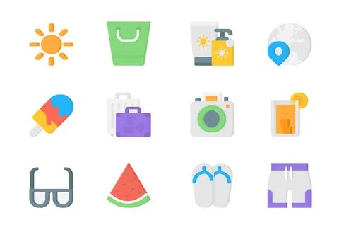 Summer 3d icons set. Pack flat pictograms of sun, sunscreen, global travel,.. Stock Illustration