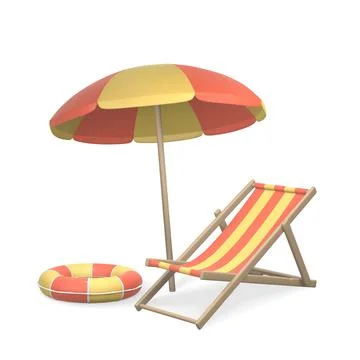 Summer 3d realistic render vector objects. Sun umbrella, beach chair and swim Stock Illustration