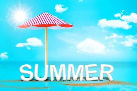 Summer (3D Rendering text) white word with beach umbrella on sand beach and b イラスト素材