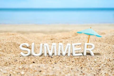 Summer (3D Rendering text) white word with beach umbrella on sand beach and b イラスト素材