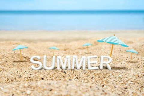 Summer (3D Rendering text) white word with beach umbrella on sand beach and b Illustration