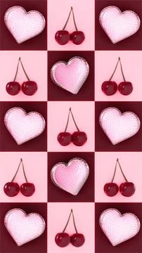 Summer 3D vertical cherry heart disco ball red pink girly checkers textured Stock Illustration