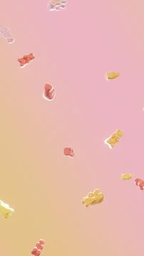 Summer 3D vertical falling gummy bear render image pink yellow many candy sweet Stock Illustration