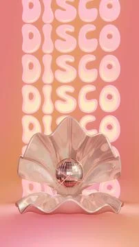 Summer 3D vertical image render shell pearl gem disco ball 1970s infographic Stock Illustration