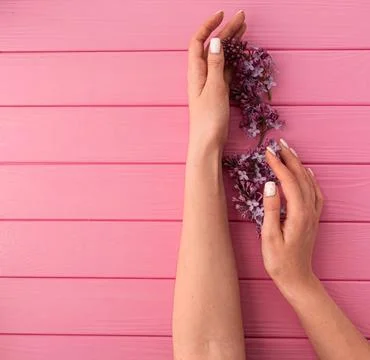 Summer abstract background mockup template woman hand manicure hold blossom.. Foto stock