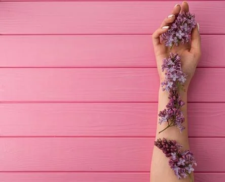 Summer abstract background mockup template woman hand manicure hold blossom.. Stock Photos